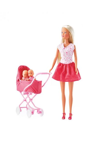 Simba Steffi Doll Pink Skirt With Stroller And Twins
