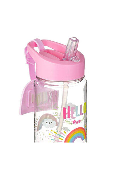 Micostore Παιδικό Μπουκάλι Νερού με Καλαμάκι, Ροζ, Ουράνιο Τόξο με Ετικέτα Ουράνιου Τόξου, 440 Ml, Αναδυόμενο, Σχολείο και Νηπιαγωγείο
