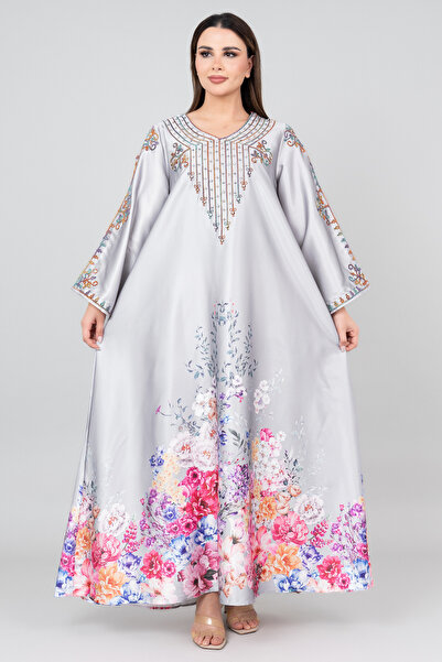 IKKXA جلابية مزينة بطبعات الزهور وتطريز الكريستال