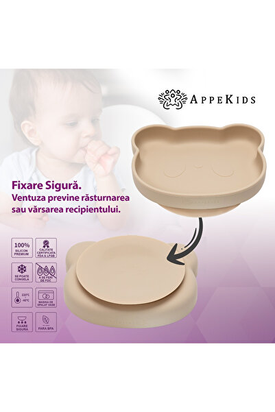 APPEKIDS Silikonový talíř s přísavkou, Medvídek - bublinkově béžový