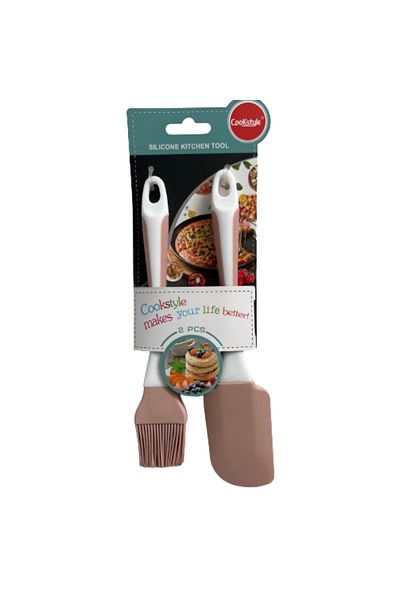 COOKSTYLE Silicone Brush And Spatula Set, Plastic Handle, Pink