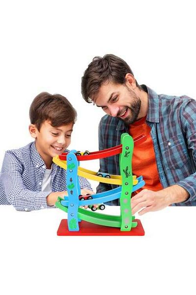 Micostore Track, Circuit With 4 Cars And Multi-Storey Ramp, Wooden Toy