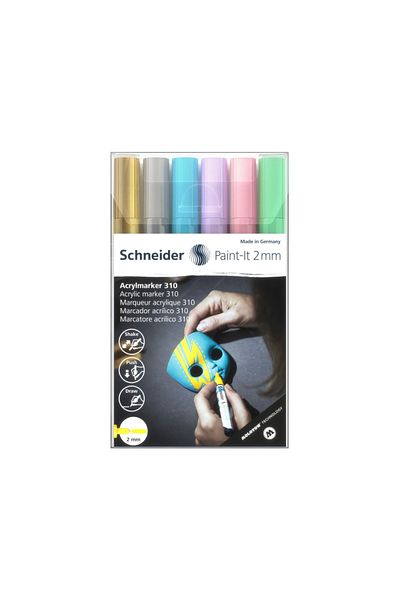 SCHNEIDER Set Of 6 Acrylic Paint Markers, 2 Mm Tip, Gold, Silver, Blue, Pastel Pink, Purple, Varnish