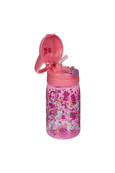 Micostore Children's Water Bottle, Bottle With Straw And Handle, 430 Ml, Kittens, Pink, Pop Up, School And Kindergarten