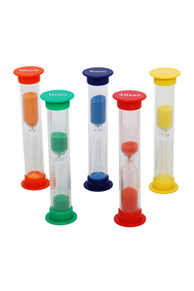 TickiT Комплект от 5 мини пясъчни часовника с цветен пясък и различно време