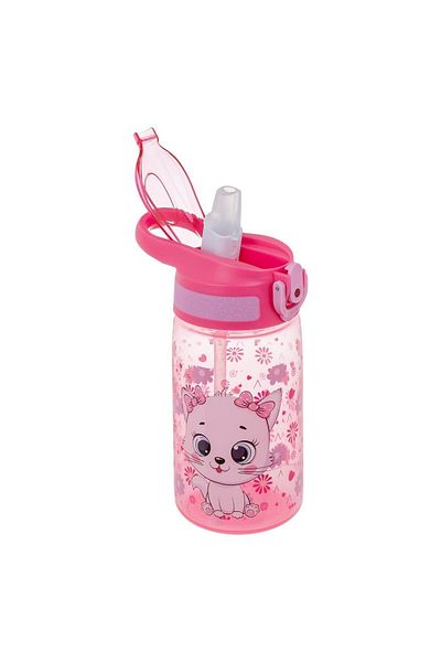 Micostore Children's Water Bottle, Bottle With Straw And Handle, 500 Ml, Pink Kitty, Pop Up, For School And Kindergarten