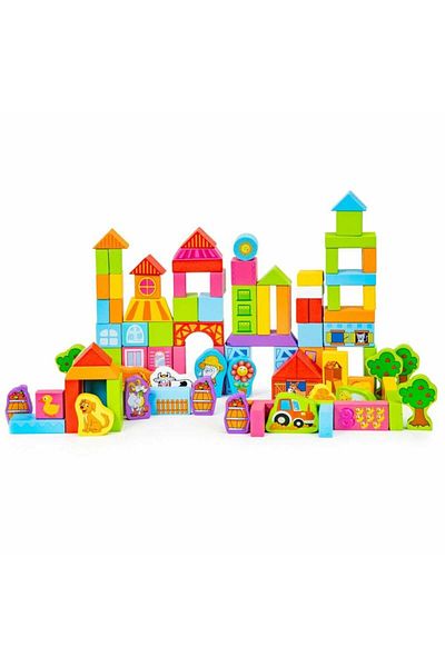 Micostore Set 100 cuburi constructie din lemn, Ferma, Beilaluna Toys