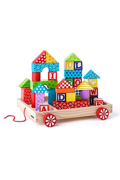 Woody Wooden Toy - Carts With Cubes, Letters And Stamps (35 PIECES)