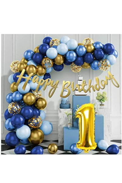 Partile Lacivert Balonlar Garland Kiti Altın Konfeti Çocuk Yetişkin Balon