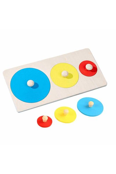 Micostore Montessori Wooden Puzzle, Recessed, Geometric Shapes, 3 Circles, With Handle, 20 X 10 Cm