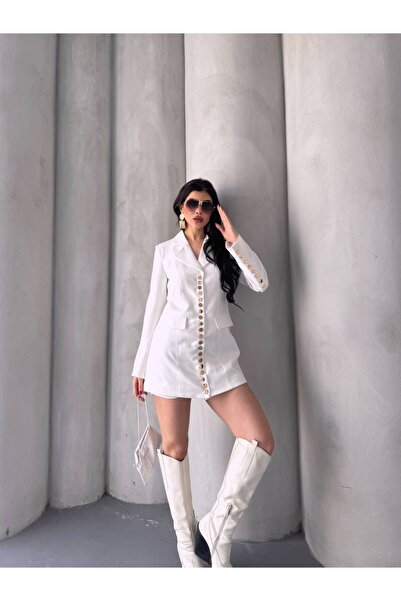 ZF BUTİK Trendige lange Blazerjacke für Damen mit goldenem Druckknopf und detailliertem Design