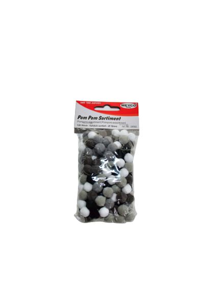 Meyco Small Pompoms, 120 Pcs, 10 Mm, White, Black, Gray Colors, Art & Craft Accessories For Children