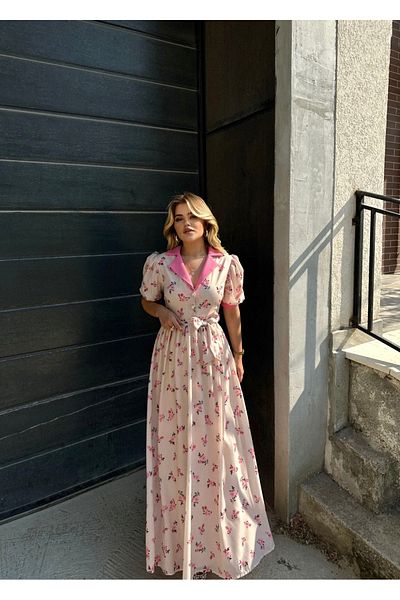 Afiş Butik Rochie cu mânecă cu balon cu curea cu model floral roz