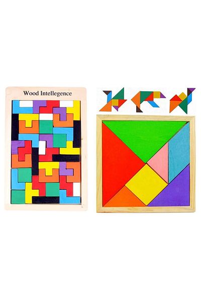 Micostore Pachet Joc Tangram 7 Piese Si Joc Tetris De Logica Cu Piese Din Lemn