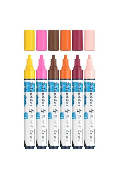 SCHNEIDER Set Of 6 Acrylic Paint Markers, Paint-it, 320, 4 Mm, Yellow, Pink, Brown, Orange, Burgundy