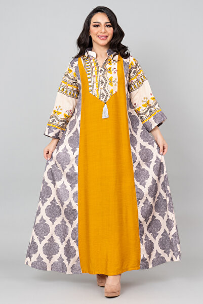 IKKXA جلابية سادة مطرزة مع ياقة ماندرين أنيقة