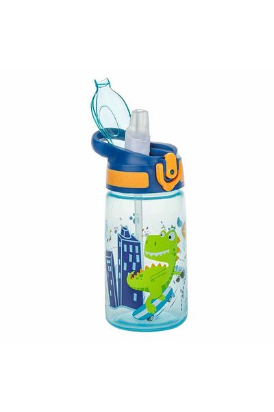 Micostore Children's Water Bottle, Bottle With Straw And Handle, 500 Ml, Dinosaur, Pop Up, For School And Kindergarten