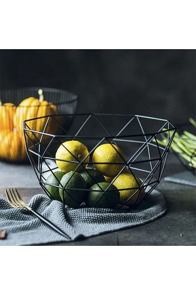 Micostore Cos De Fructe Si Paine, Pentru Bucatarie, Model Cu Triunghiuri, Scandinav, Metal, Negru, 26 X 15 Cm