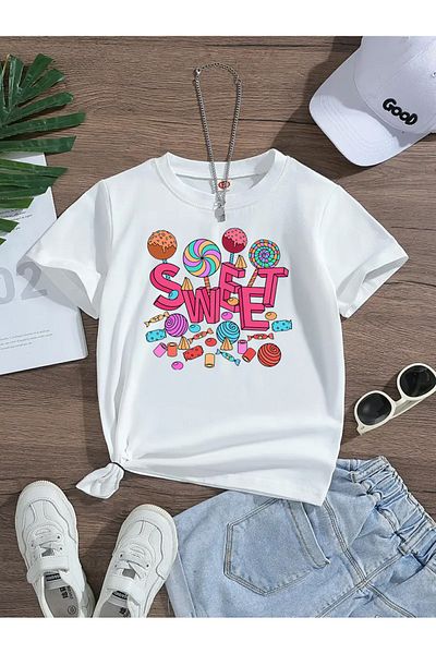 Eysaah Tricou premium pentru fete cu imprimeu dulce cu guler de bicicletă