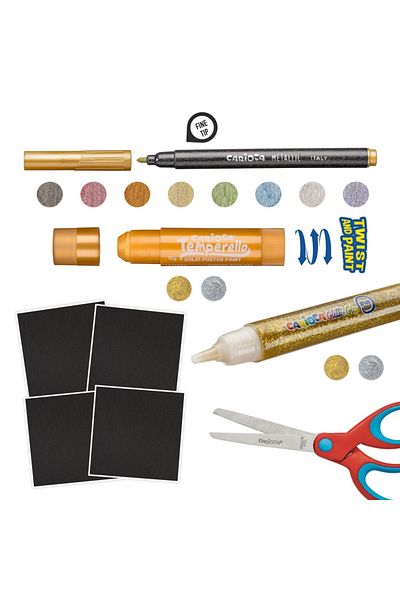 CARIOCA Creative Set With 17 Accessories, Markers, Black Sheets, Glue Sticks And Scissors, Metallic