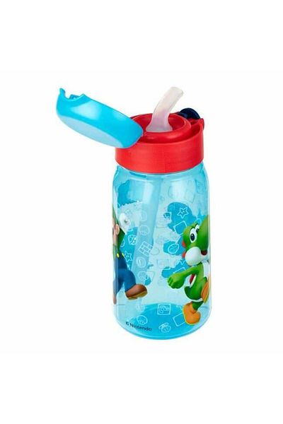 Micostore Children's Water Bottle, Bottle With Straw, 500 Ml, Super Mario, Transparent Blue, Pop Up, School And Kindergarten