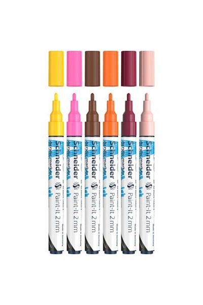 SCHNEIDER Set Of 6 Acrylic Paint Markers, 2 Mm Tip, Paint-it 310, Yellow, Pink, Brown, Orange