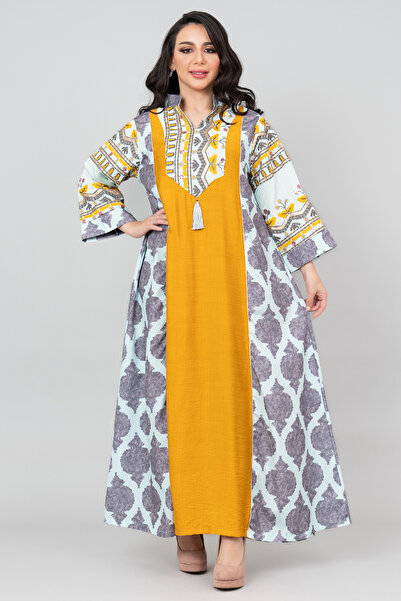 IKKXA جلابية سادة مطرزة مع ياقة ماندرين أنيقة