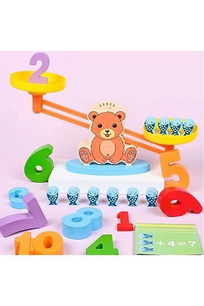 Micostore Wooden Scale, Educational Toy for Children, Montessori, Wooden Numbers and Fishes, 51 Pieces