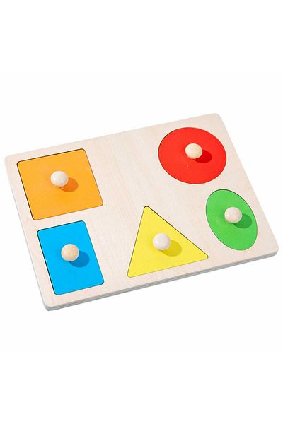 Micostore Puzzle Lemn Montessori Cu Maner, 5 Forme Geometrice, Incastru, 20 X 15 Cm