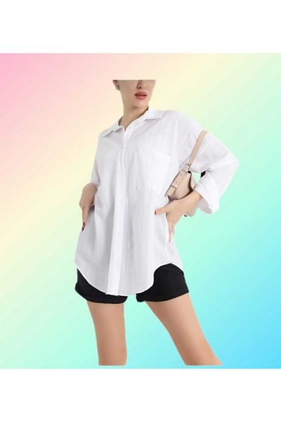 Coşkun GİYİM Cămașă oversize din popelin cu un singur buzunar pentru femei ALB M24029