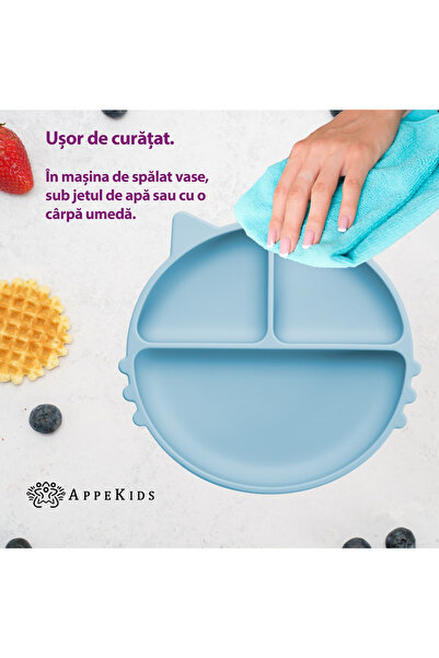 APPEKIDS Πλάκα σιλικόνης με χωρίσματα και βεντούζα, - Kitty - Aqua Blue