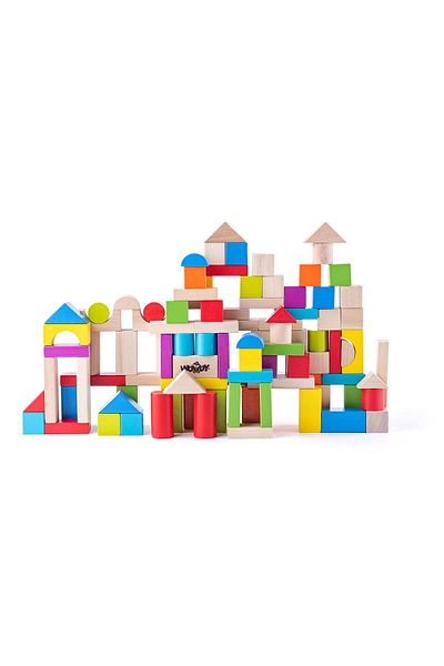Woody Colorful And Natural Wooden Cubes (100 PIECES IN BUCKET WITH SORTING LID)