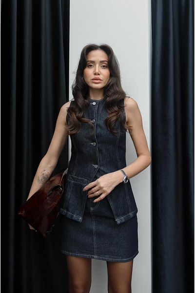 Havoş Set de denim cu fustă vestă albastru închis