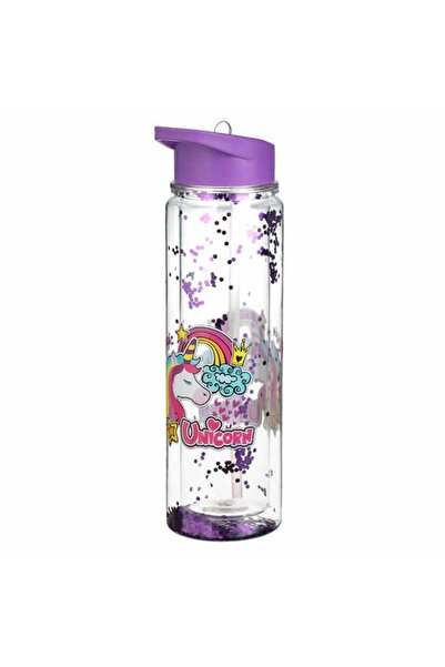 Micostore Sticla De Apa Copii,cu Pai, Maner,500 Ml,perete Dublu, Sclipici,unicorn Magic Glitter,διαφανές