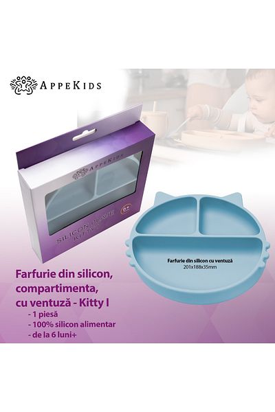 APPEKIDS Farfurie Compartimentata Din Silicon Cu Ventuza, - Kitty - Aqua Blue