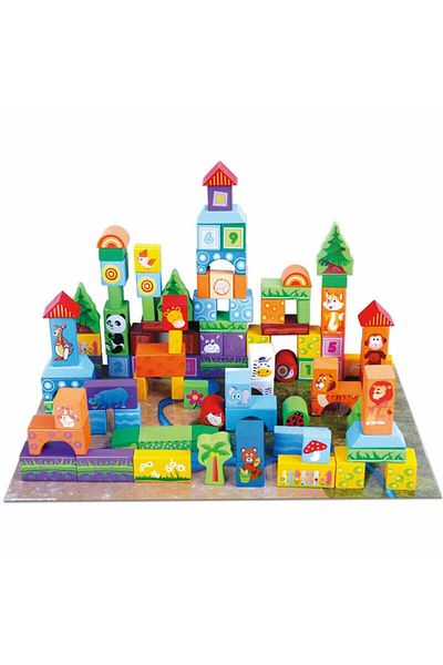Micostore Set 100 Cuburi Constructie Din Lemn, Cute Animals, Beilaluna Toys, Animale