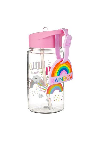 Micostore Children's Water Bottle With Straw, Pink, Rainbow With Rainbow Label, 440 Ml, Pop Up, School And Kindergarten