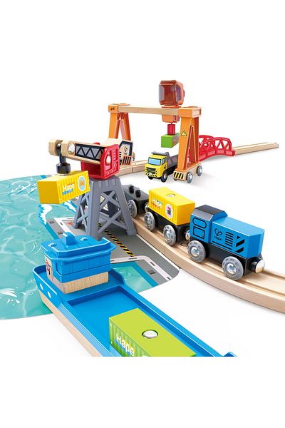 Hape Wooden Toy Set - Harbor With Trains, Ships And Trucks