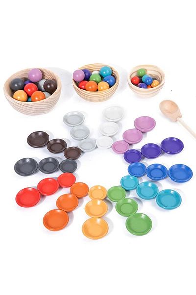 Micostore Fine Motor Game, Montessori, Sorting Colored Wooden Balls, With Spoon And Bowls, 77 Pieces