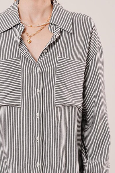 mrpurple Eyesof Bat Sleeve Striped Pocket Detailed Gray Shirt