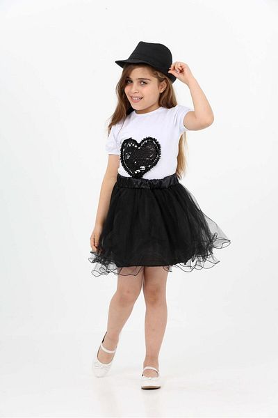 Dıgıl Kids Black Line Skirt Heart T-Shirt Girl's Top and Bottom Set April 23 October 29 Show Clothes