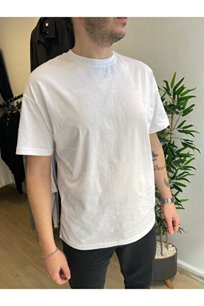 Erkek Oversize Ribanalı Basic Tişört Beyaz