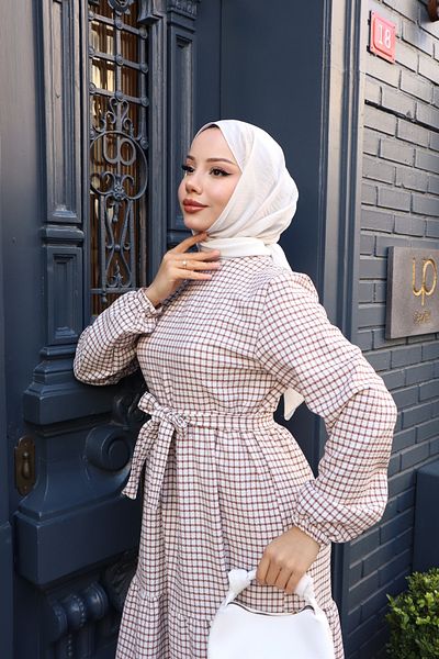 modessia ΓΥΝΑΙΚΕΙΟ Καφέ Φόρεμα Hijab με ζώνη μακρύ Seersucker 0398