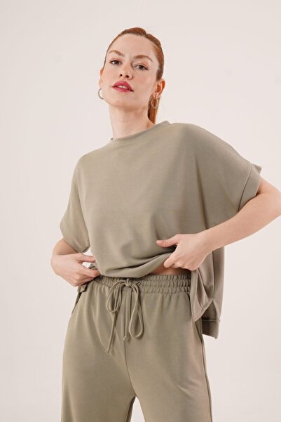 Modayakamoz Modal Short Sleeve Top and Wide Leg Sweatpants Double Fat Green Set