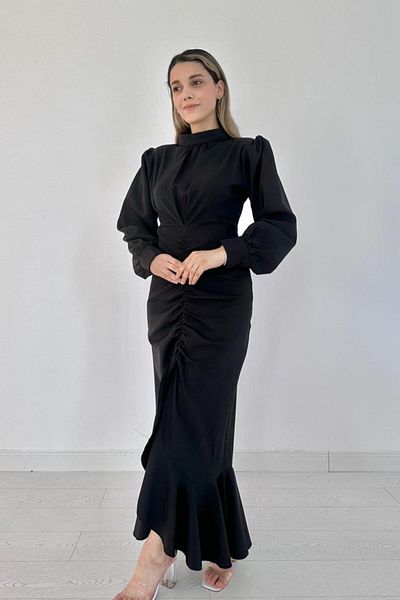 Modayakamoz Rochie neagră cu mânecă lungă cu volan