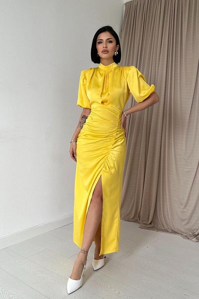 fh fashionhere Yellow Gathered Satin Dress