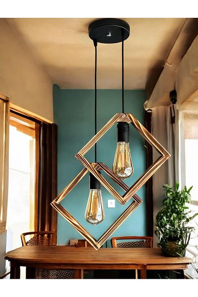 ONUR AVİZE Decorative Handmade Rustic and Modern Style Wooden Pendant Lamp 2-Piece Chandelier