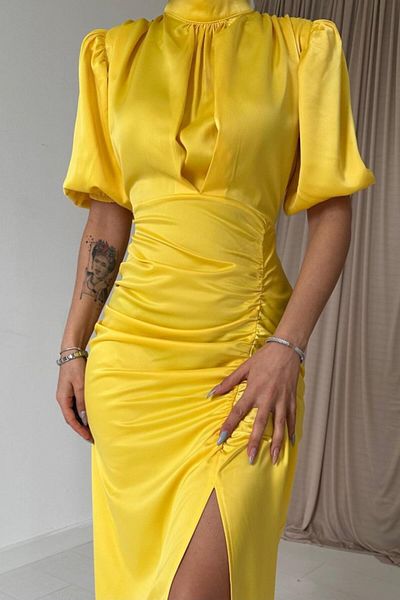 fh fashionhere Yellow Gathered Satin Dress