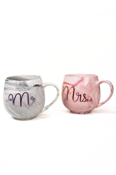 MUKKO HOME Luxury Marble Patterned Mr & Mrs Set of 2 Porcelain Mugs, 400 ml and Gift Box.