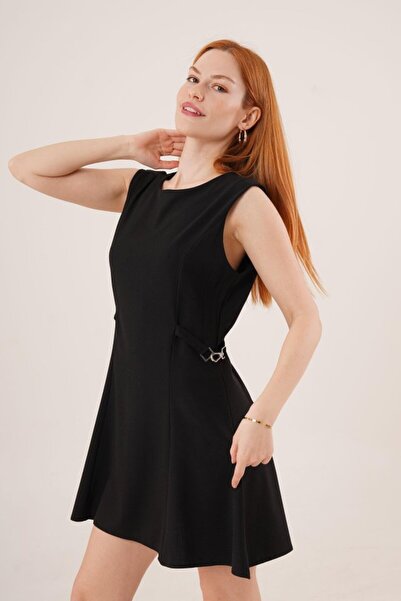 buğrahayalin    Zero Sleeve Black Mini Dress with Chain Detail on the Sides